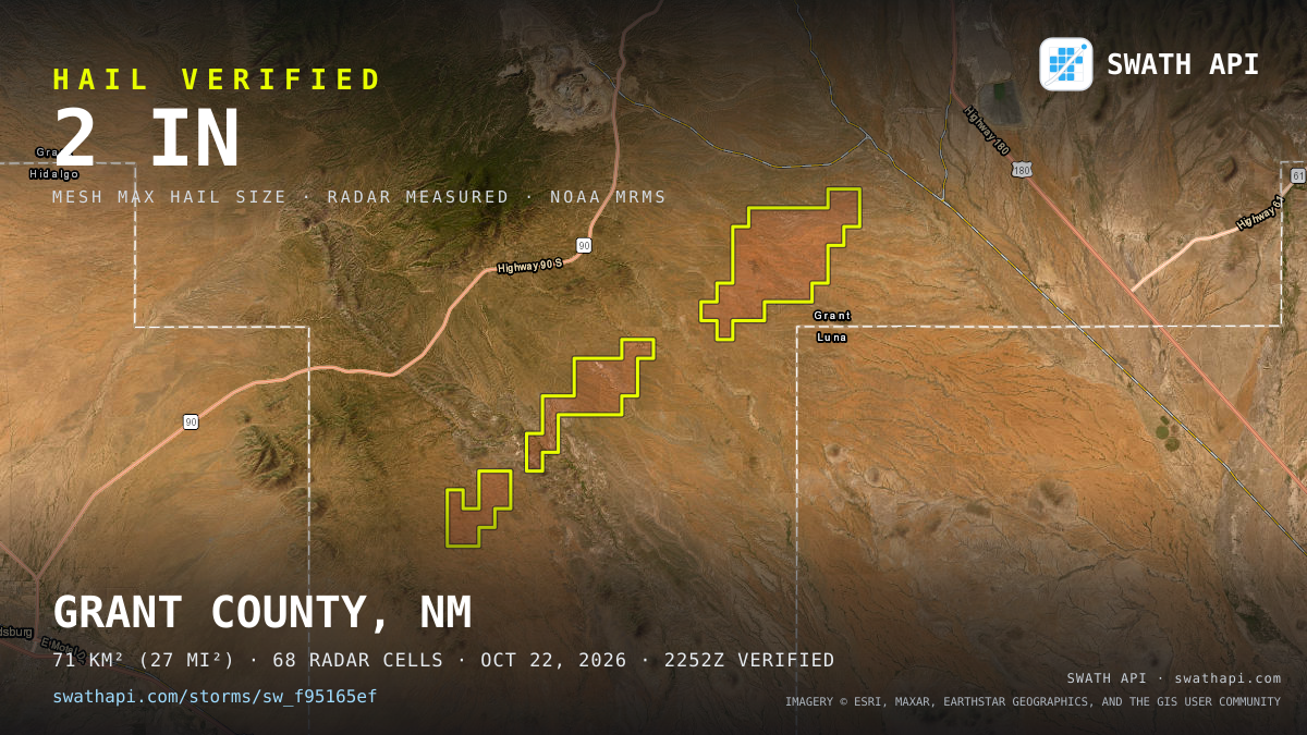 Storm card: 1.2–2.6" hail crossed Grant County, NM — October 22, 2026