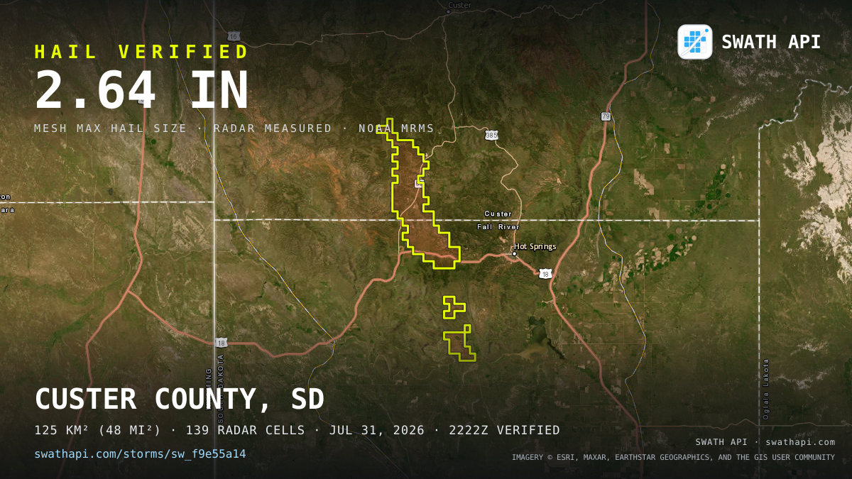 Storm card: 1.3–2.6" hail crossed Fall River County, SD — July 31, 2026
