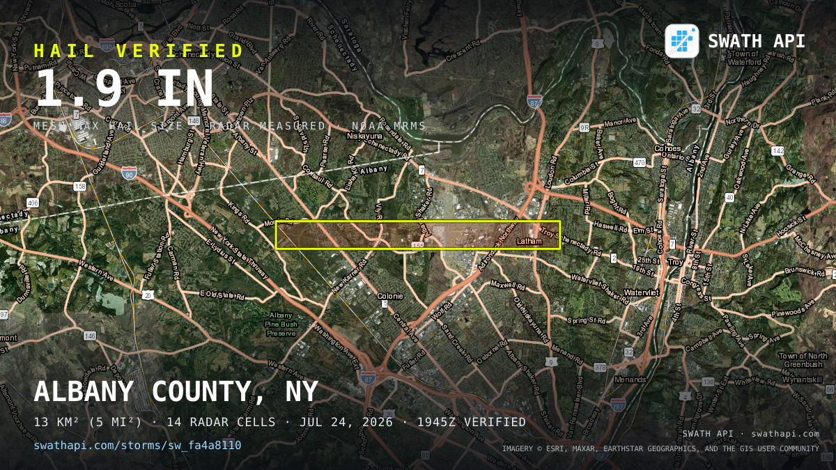Storm card: 1.6–1.9" hail crossed Albany County, NY — July 24, 2026