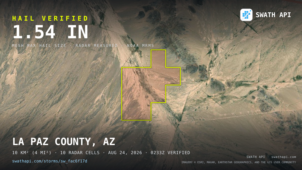 Storm card: 1.3–1.5" hail crossed La Paz County, AZ — August 24, 2026