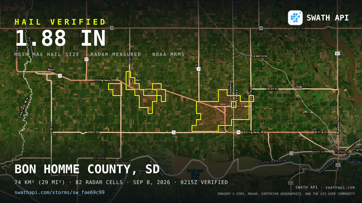 Storm card: 1.2–1.9" hail crossed Bon Homme County, SD — September 8, 2026