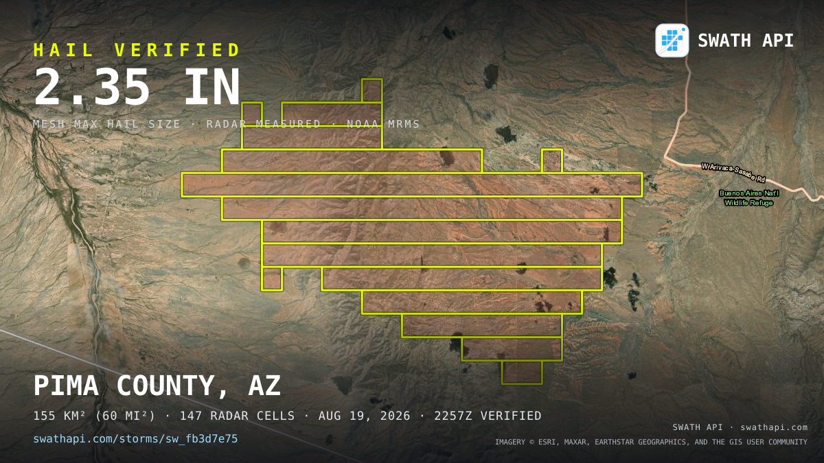 Storm card: 1.2–2.4" hail crossed Pima County, AZ — August 19, 2026