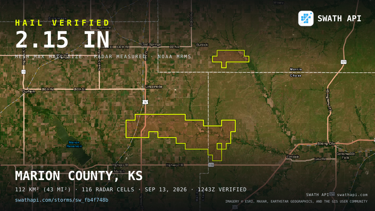 Storm card: 1.1–2.2" hail crossed Marion County, KS — September 13, 2026