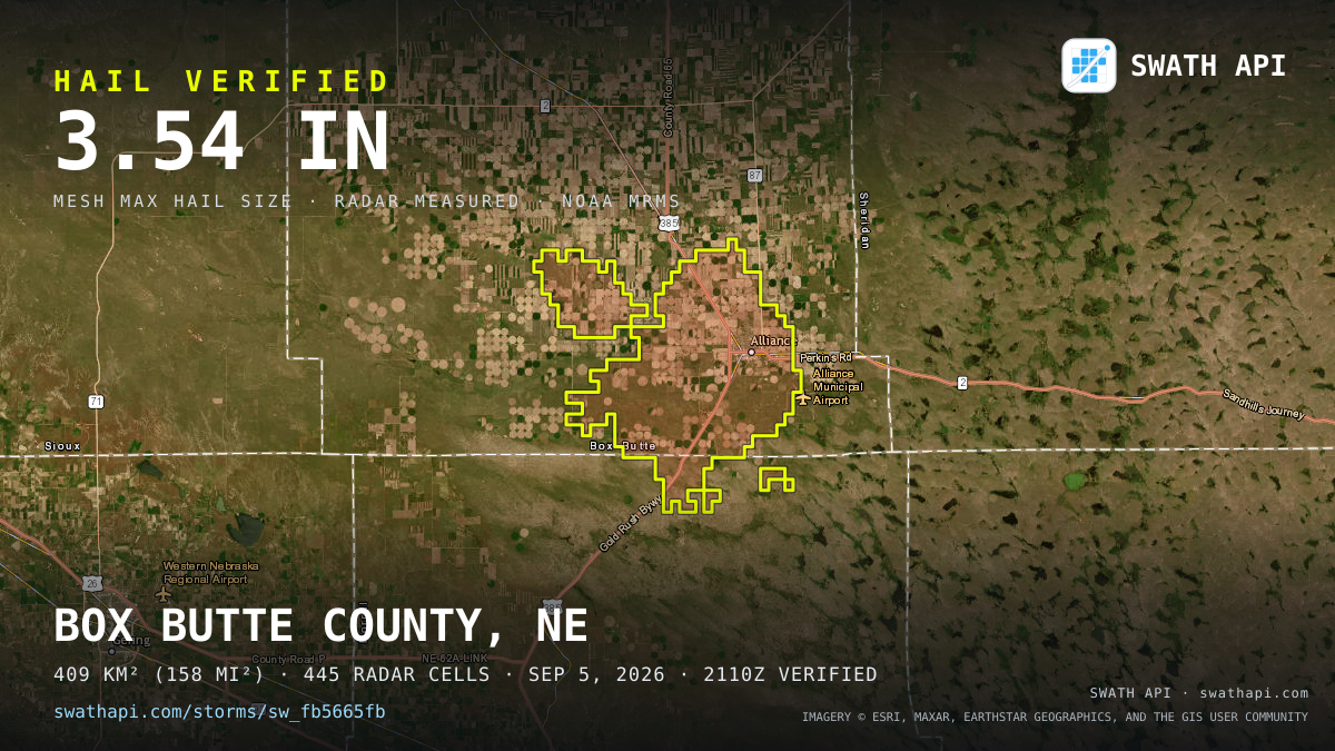 Storm card: 1.1–3.5" hail crossed Box Butte County, NE — September 5, 2026
