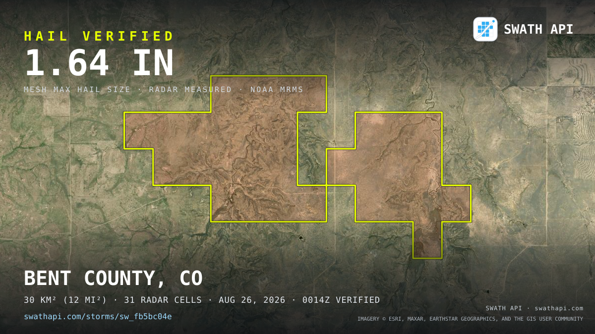 Storm card: 1.2–1.6" hail crossed Bent County, CO — August 26, 2026