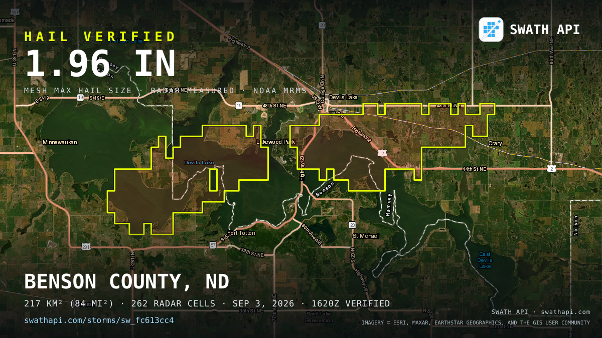 Storm card: 1.1–2" hail crossed Ramsey County, ND — September 3, 2026