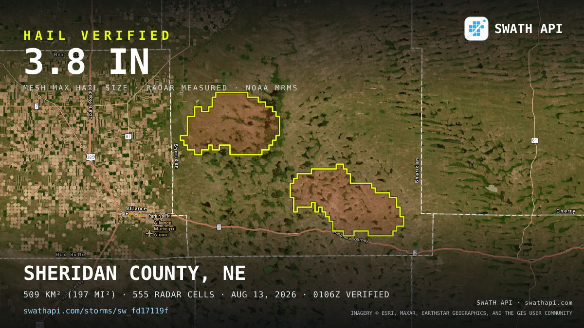 Storm card: 1.2–3.8" hail crossed Sheridan County, NE — August 13, 2026