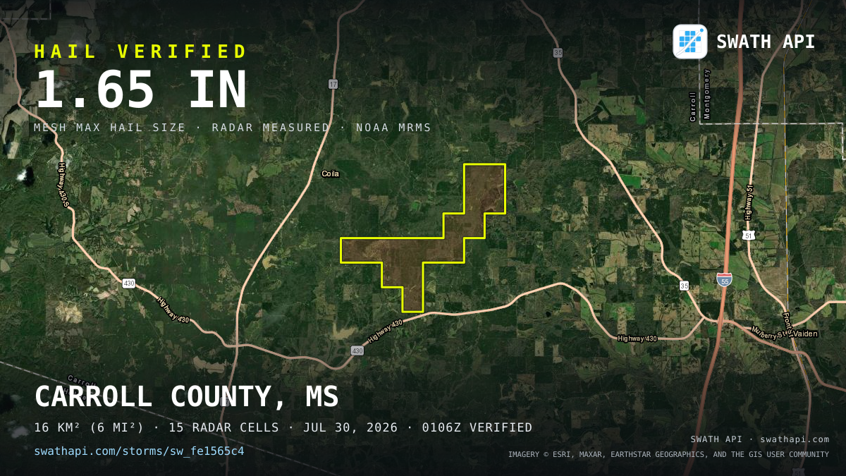 Storm card: 1.2–1.7" hail crossed Carroll County, MS — July 30, 2026