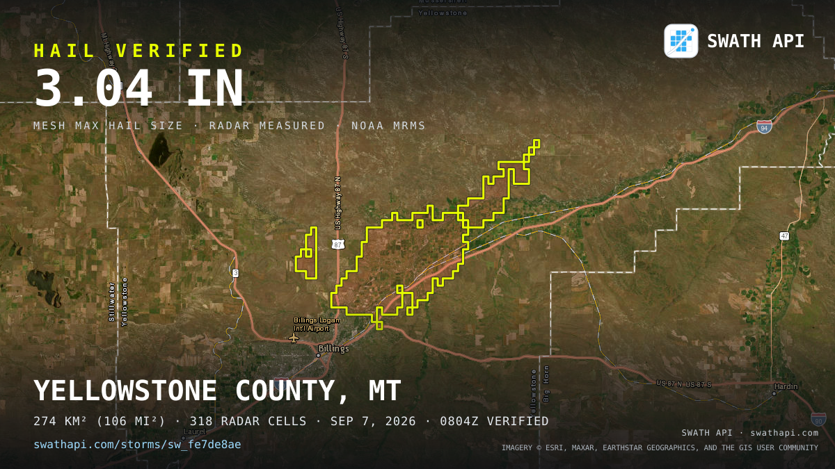 Storm card: 1.1–3" hail crossed Yellowstone County, MT — September 7, 2026