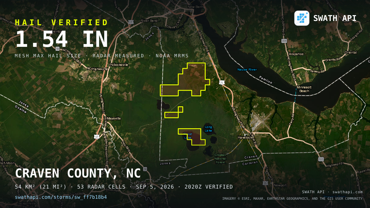 Storm card: 1.2–1.5" hail crossed Craven County, NC — September 5, 2026